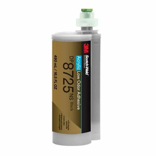 Keo cường lực acrylic ít mùi 3M™ Scotch-Weld™ DP8725NS là keo cường lực hai thành phần, màu đen, ít mùi, không cháy, không chảy xệ. Dòng keo cường lực acrylic được cải tiến, ít mùi của 3M cho độ bền va đập cao, cùng khả năng chống bong tróc linh hoạt, sử dụng tốt trong nhiệt độ thấp và giúp cải thiện môi trường làm việc thân thiện hơn. Thời gian thao tác 23 phút với thời gian 25 phút đạt độ cứng để chuyển công đoạn.